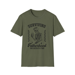 Surviving Fatherhood T-Shirt — "One Beer at a Time" Skeleton Dad Tee
