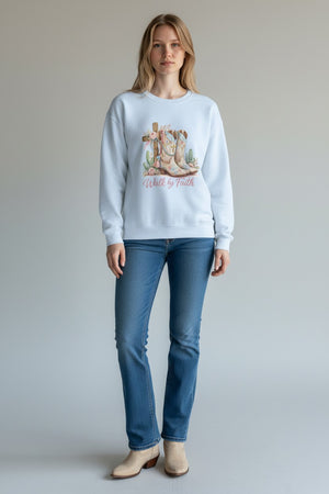 Walk By Faith Crewneck Sweatshirt — Western Cowboy Boots & Cactus Christian Graphic