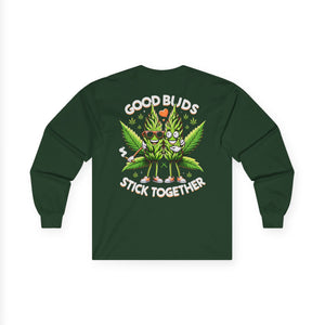 Long Sleeve Tee — "Good Buds Stick Together" Cannabis Leaf Graphic