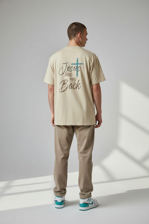 Christian T-Shirt - "Jesus Has My Back" Crew Tee with Cross & Heart Design