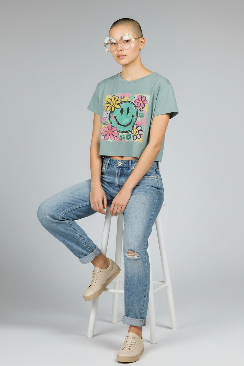Smiley Flower Festival Crop Top — Retro Happy Face Floral Graphic