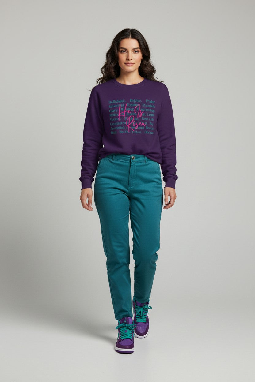 Christian Crewneck Sweatshirt — "He Is Risen" Floral Typography