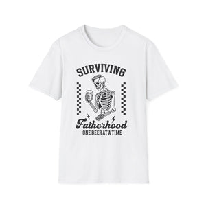 Surviving Fatherhood T-Shirt — "One Beer at a Time" Skeleton Dad Tee