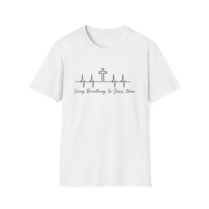 Christian Cross Heartbeat T-Shirt — "Living, Breathing in Jesus' Name" Faith Tee