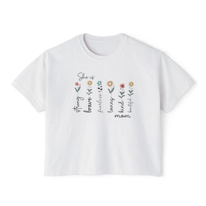 She Is Brave, Strong, Kind Mom Boxy Tee — Floral Mother’s Day Shirt