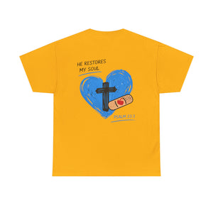 Christian T-Shirt – 'He Restores My Soul' Psalm 23:1 Heart & Cross Tee