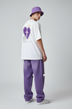 Christian Heart Tee — “Love Never Fails” Purple Cross Graphic T-Shirt