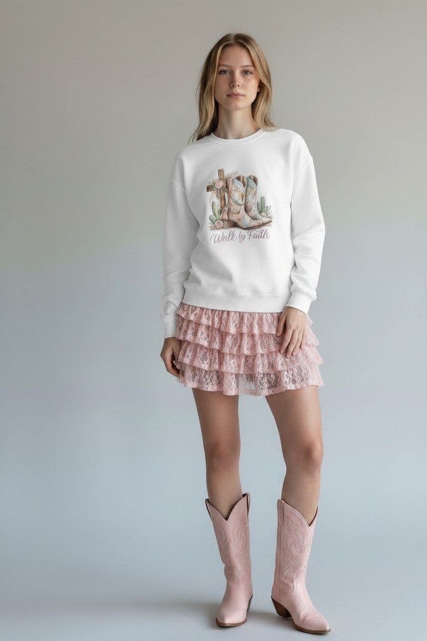 Walk By Faith Crewneck Sweatshirt — Western Cowboy Boots & Cactus Christian Graphic