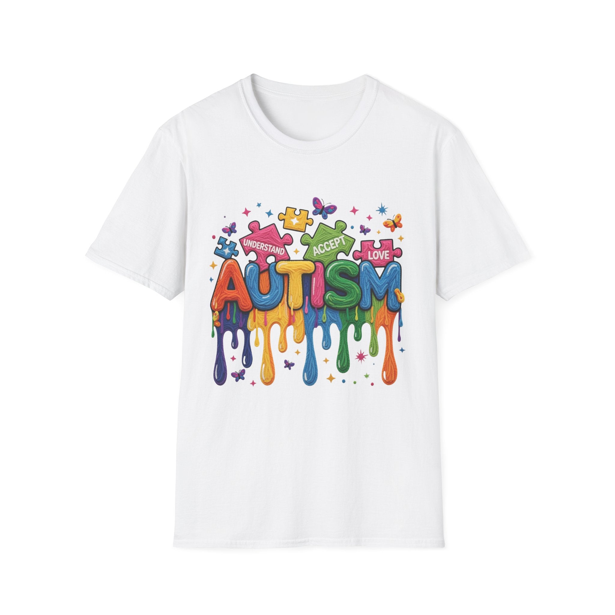 Autism Awareness Drip Graphic T-Shirt – Colorful Puzzle Heart Design