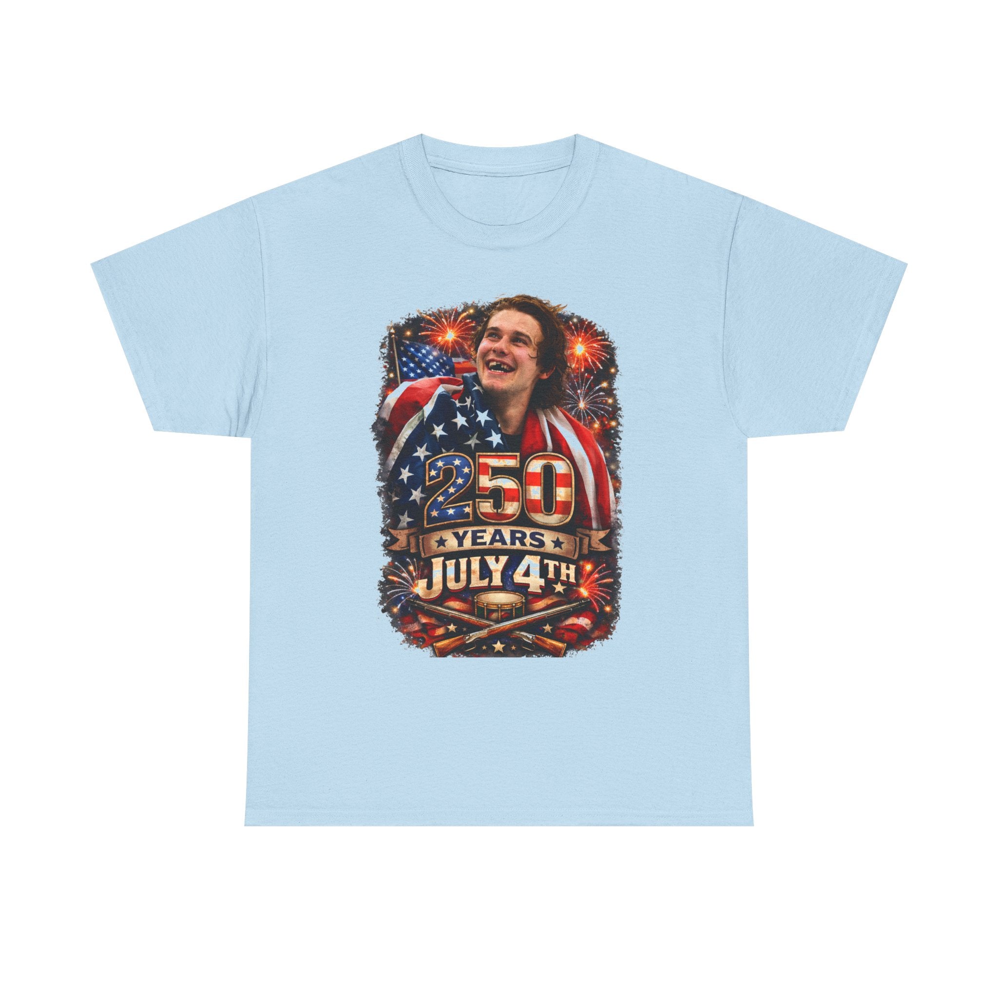 July 4th 250 Years Patriotic T-Shirt — American Flag Fireworks Tee