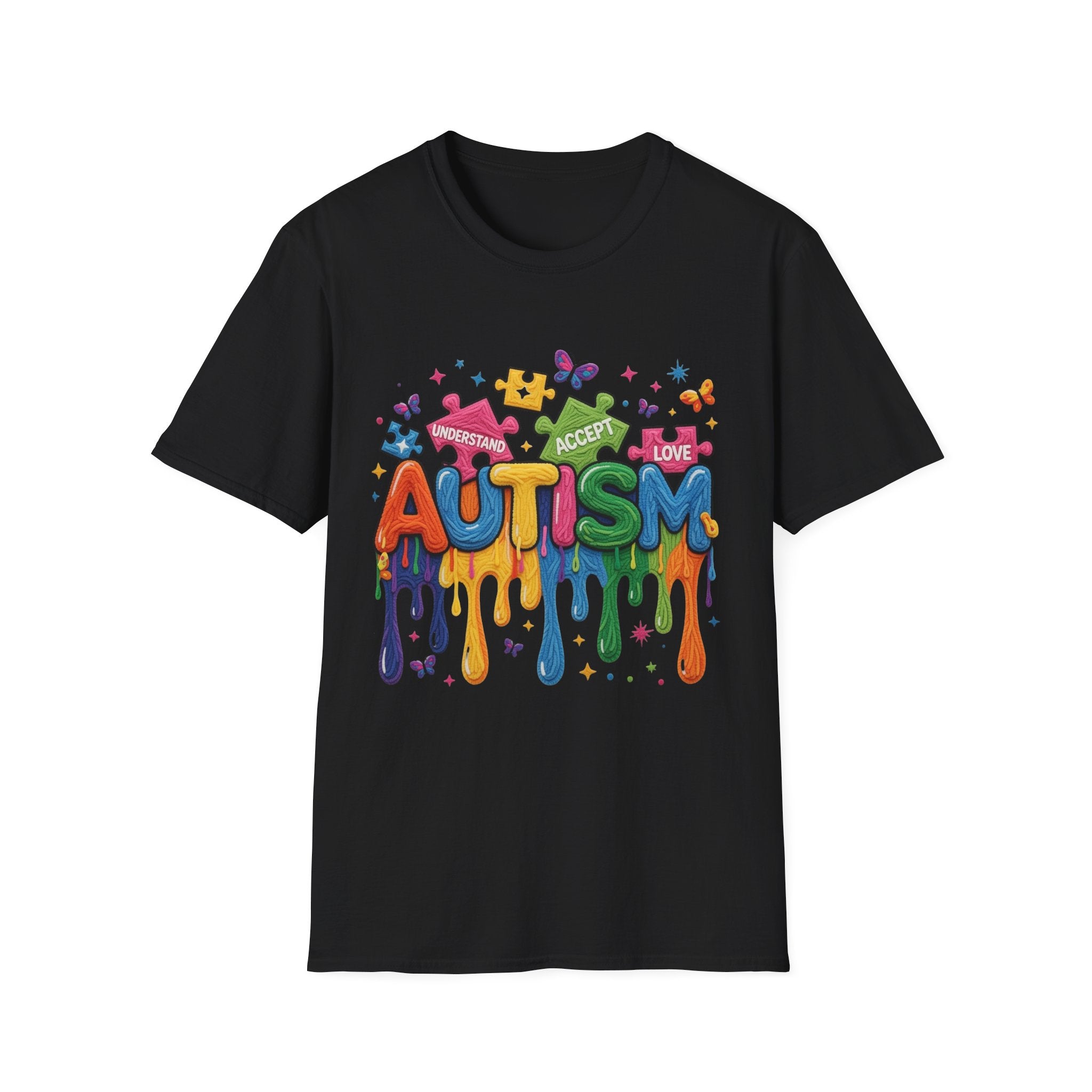 Autism Awareness Drip Graphic T-Shirt – Colorful Puzzle Heart Design