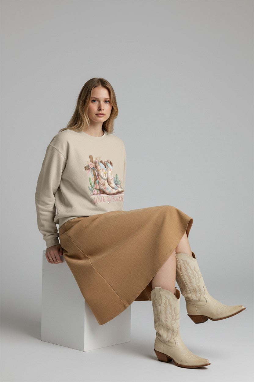Walk By Faith Crewneck Sweatshirt — Western Cowboy Boots & Cactus Christian Graphic