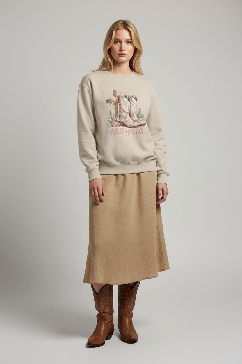 Walk By Faith Crewneck Sweatshirt — Western Cowboy Boots & Cactus Christian Graphic