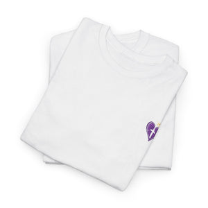 Christian Heart Tee — “Love Never Fails” Purple Cross Graphic T-Shirt
