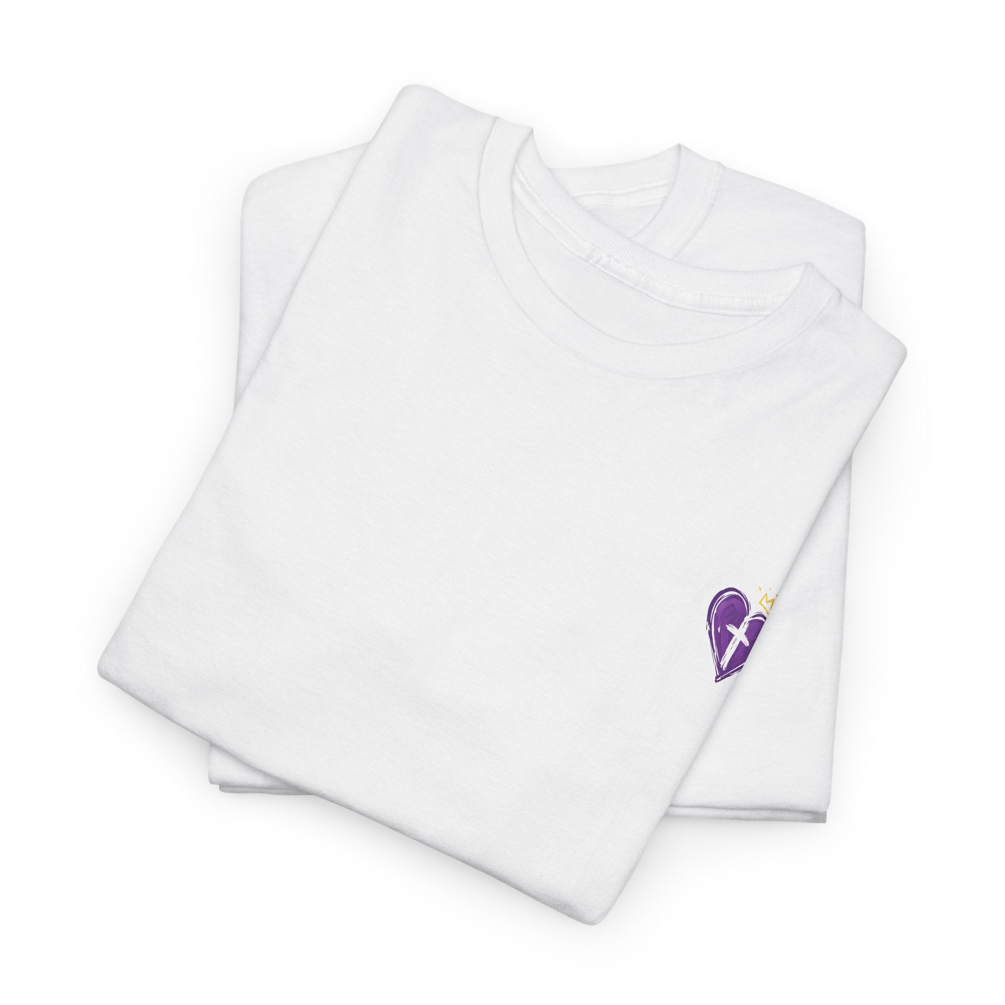 Christian Heart Tee — “Love Never Fails” Purple Cross Graphic T-Shirt