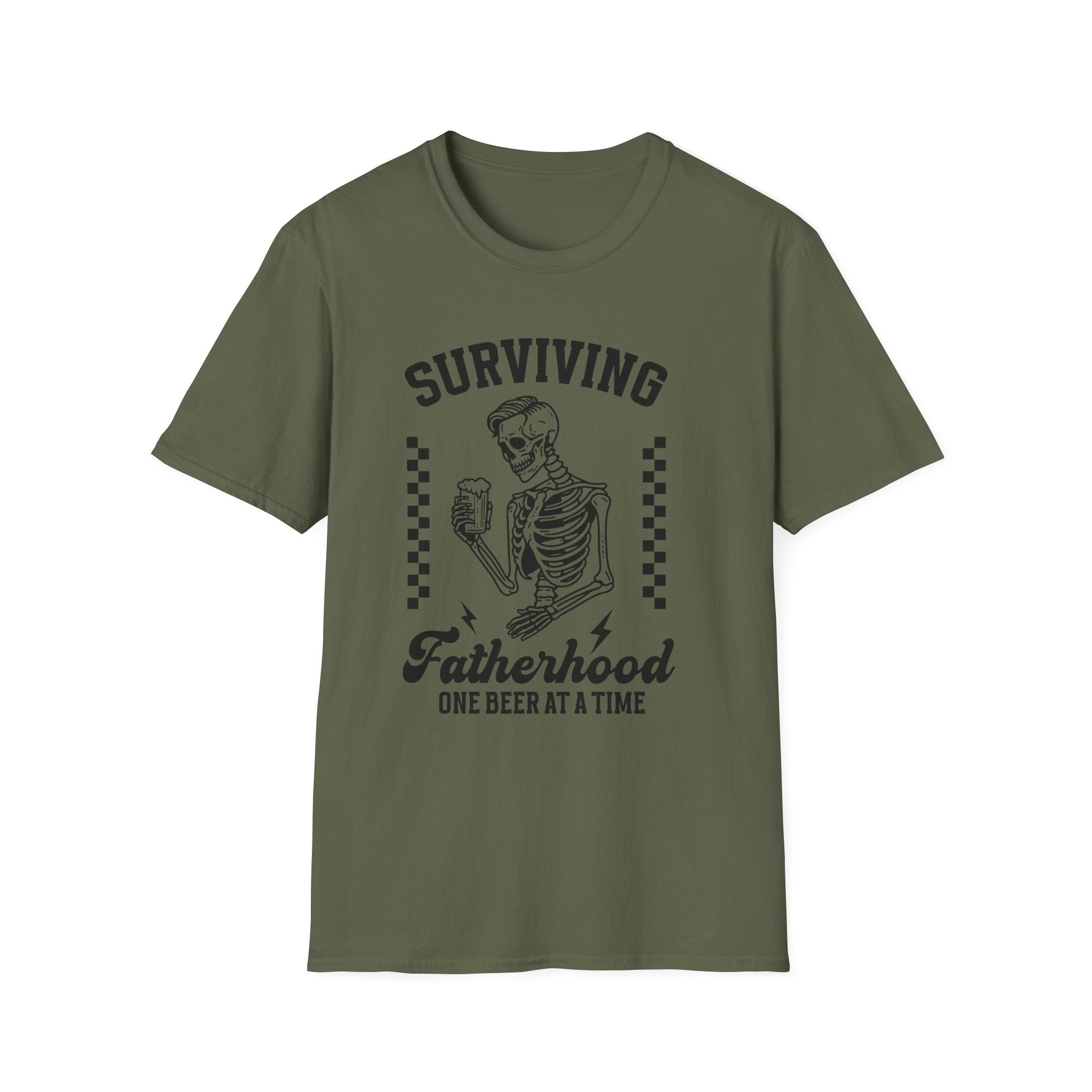 Surviving Fatherhood T-Shirt — "One Beer at a Time" Skeleton Dad Tee
