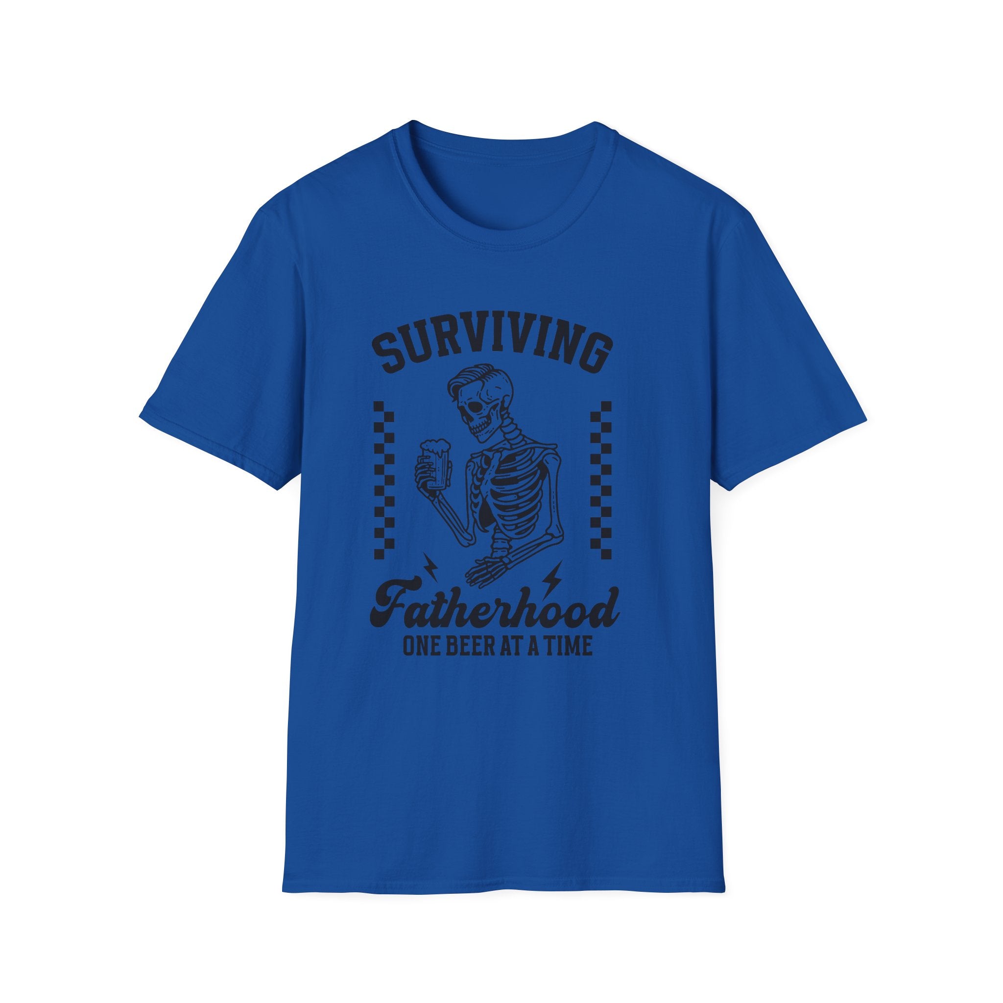 Surviving Fatherhood T-Shirt — "One Beer at a Time" Skeleton Dad Tee