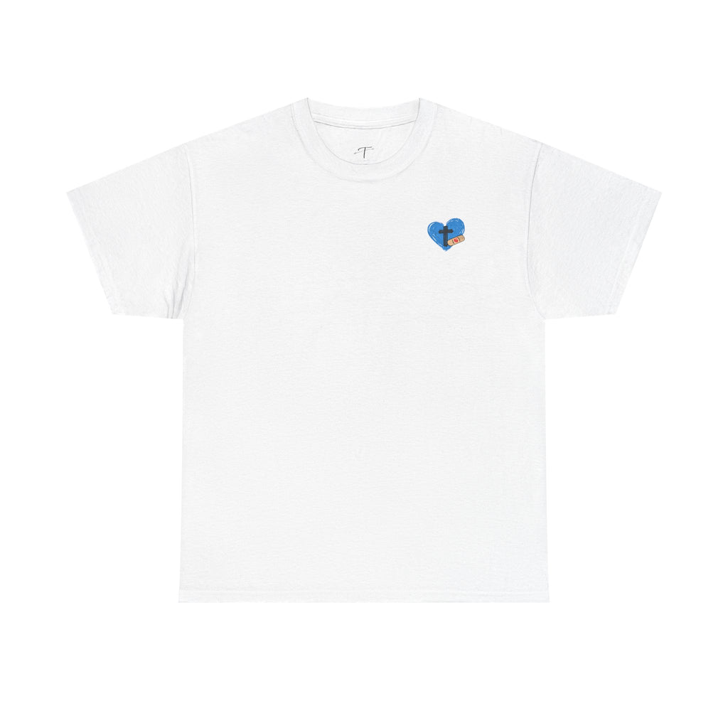 Christian T-Shirt – 'He Restores My Soul' Psalm 23:1 Heart & Cross Tee