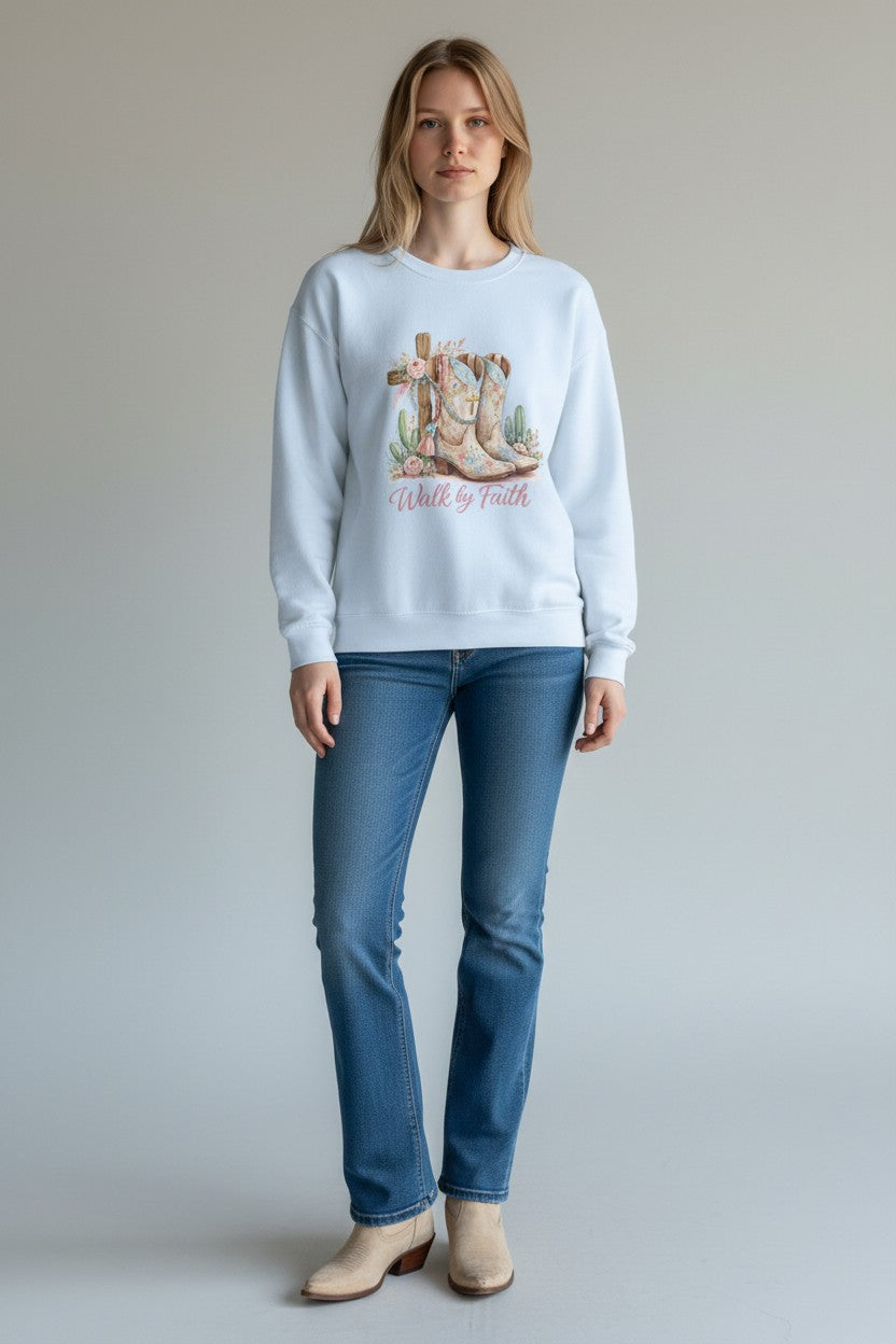 Walk By Faith Crewneck Sweatshirt — Western Cowboy Boots & Cactus Christian Graphic