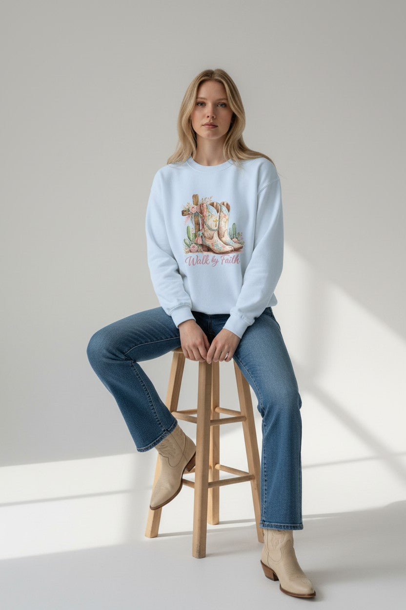Walk By Faith Crewneck Sweatshirt — Western Cowboy Boots & Cactus Christian Graphic