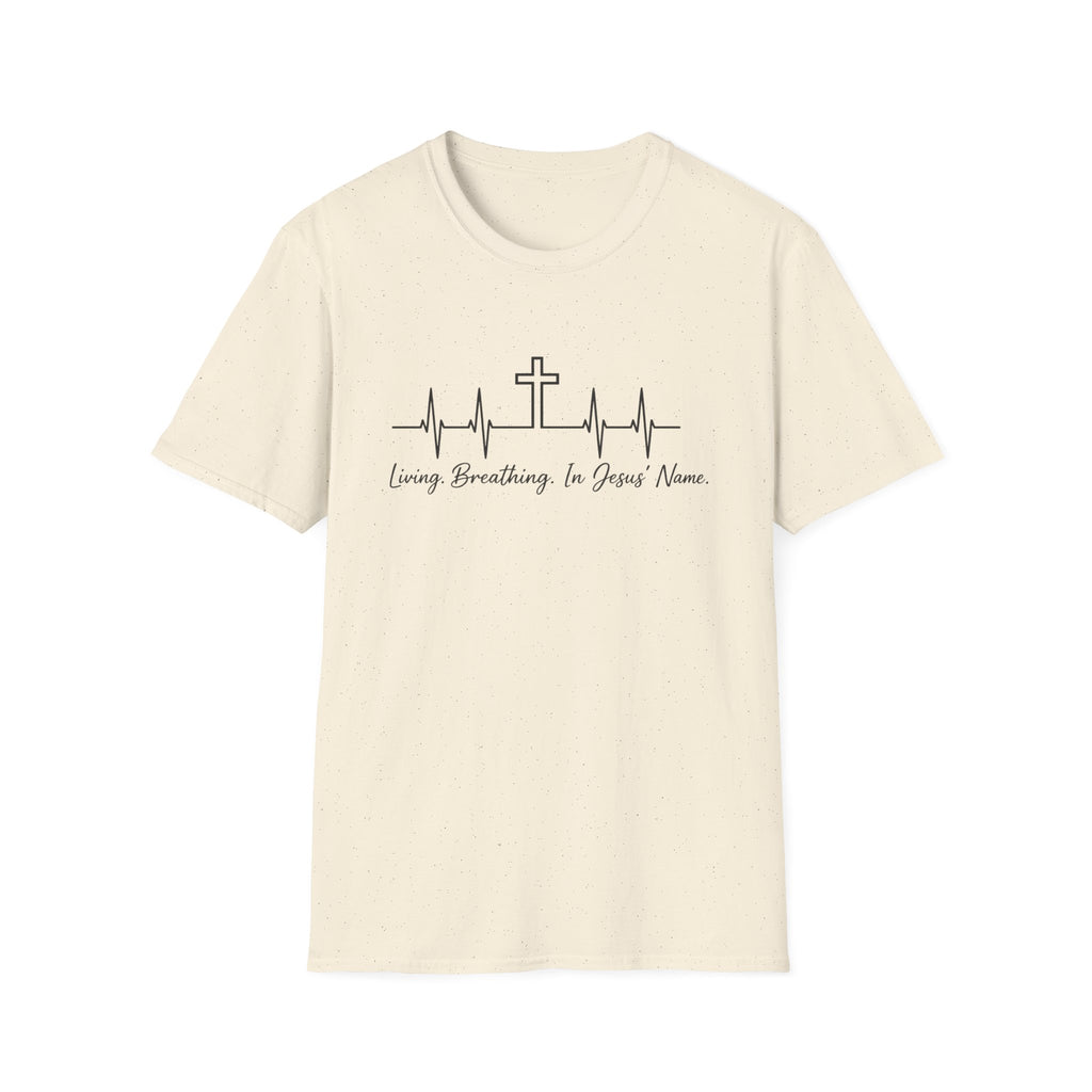 Christian Cross Heartbeat T-Shirt — "Living, Breathing in Jesus' Name" Faith Tee