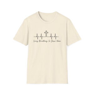 Christian Cross Heartbeat T-Shirt — "Living, Breathing in Jesus' Name" Faith Tee