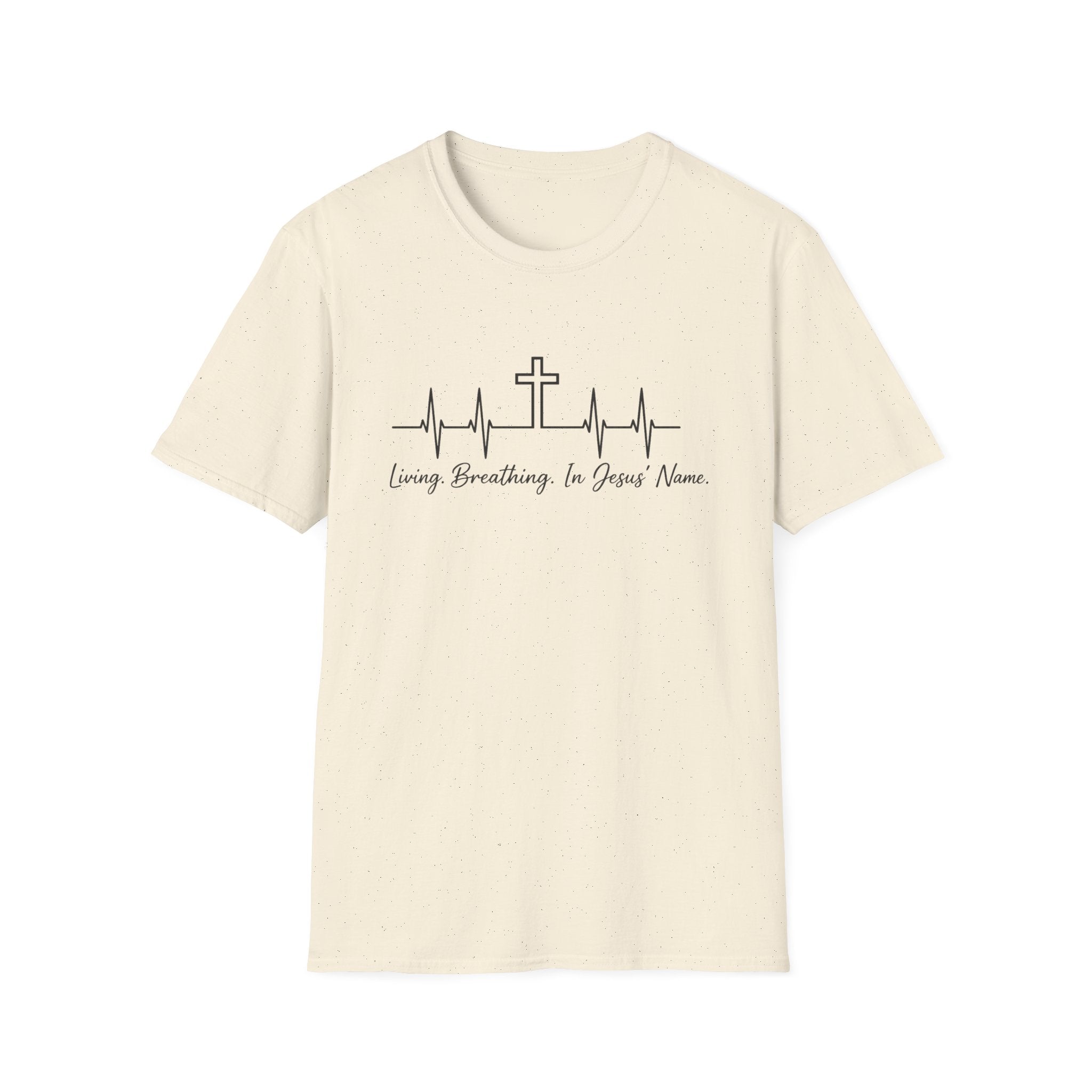 Christian Cross Heartbeat T-Shirt — "Living, Breathing in Jesus' Name" Faith Tee