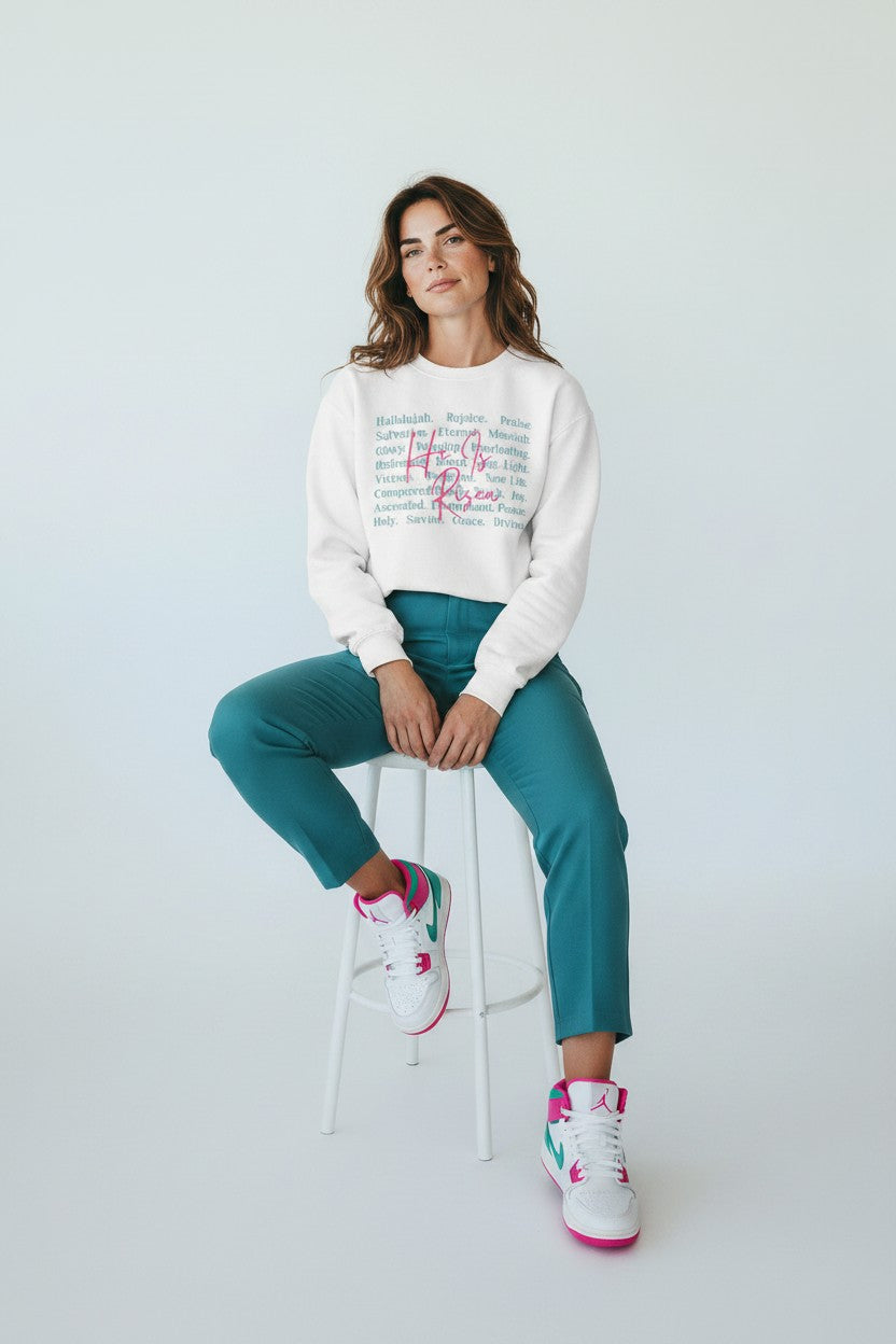 Christian Crewneck Sweatshirt — "He Is Risen" Floral Typography