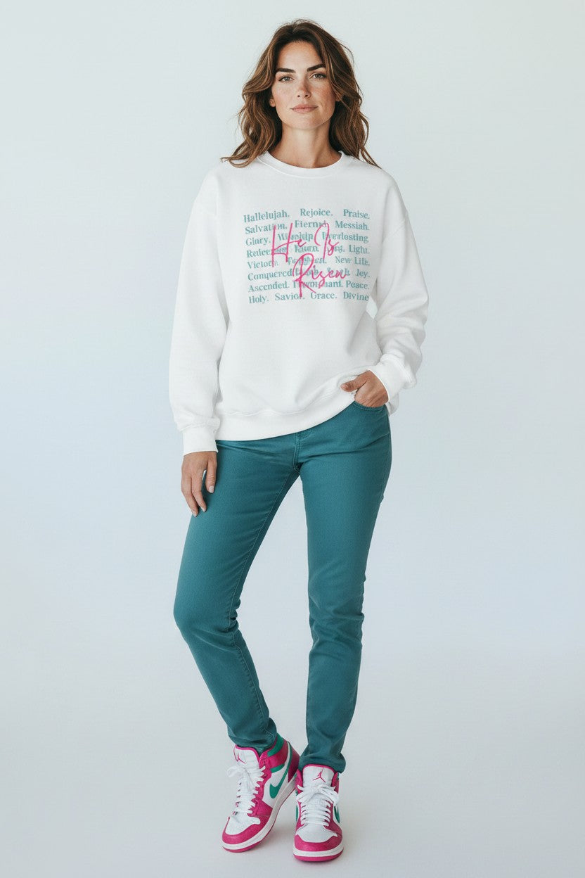 Christian Crewneck Sweatshirt — "He Is Risen" Floral Typography