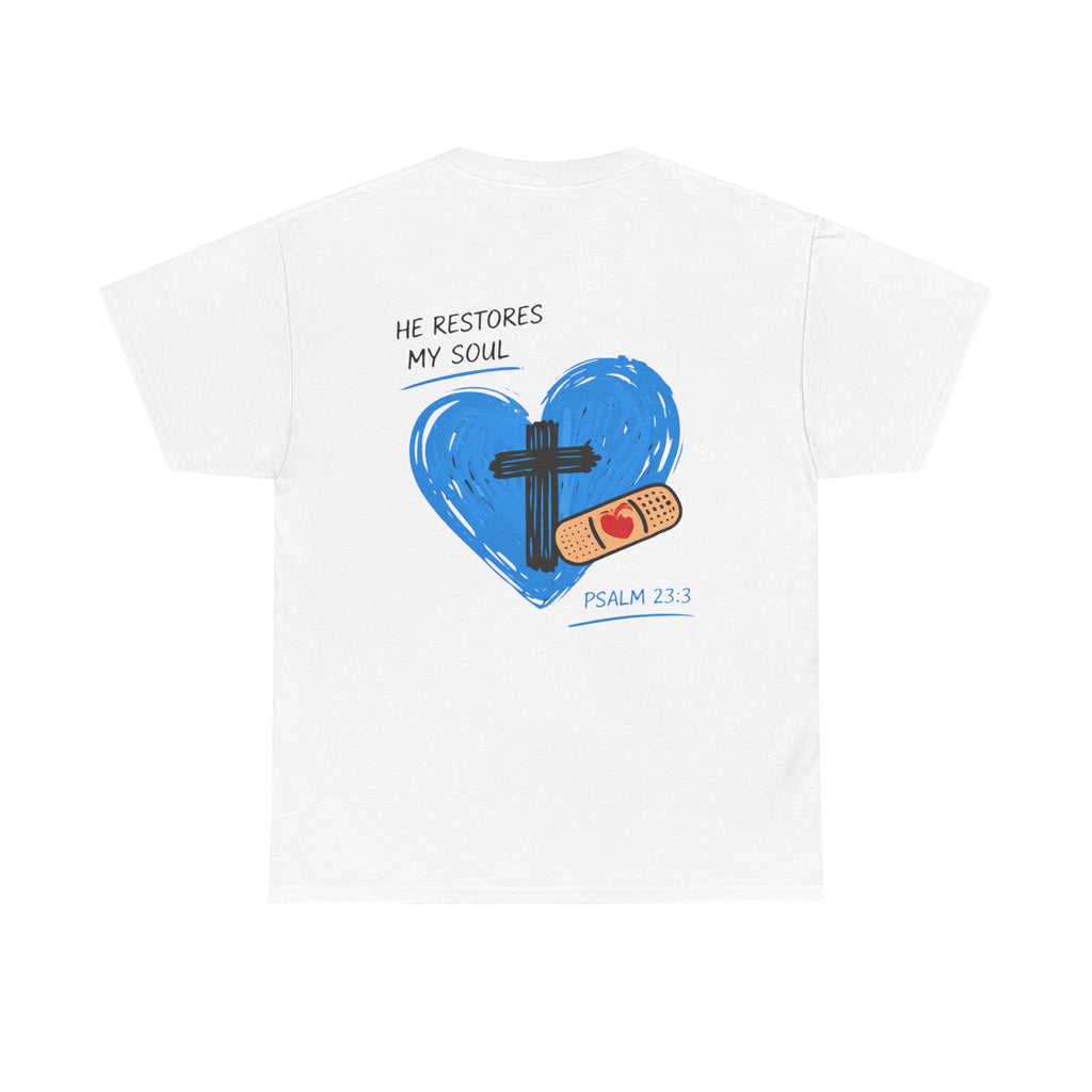 Christian T-Shirt – 'He Restores My Soul' Psalm 23:1 Heart & Cross Tee