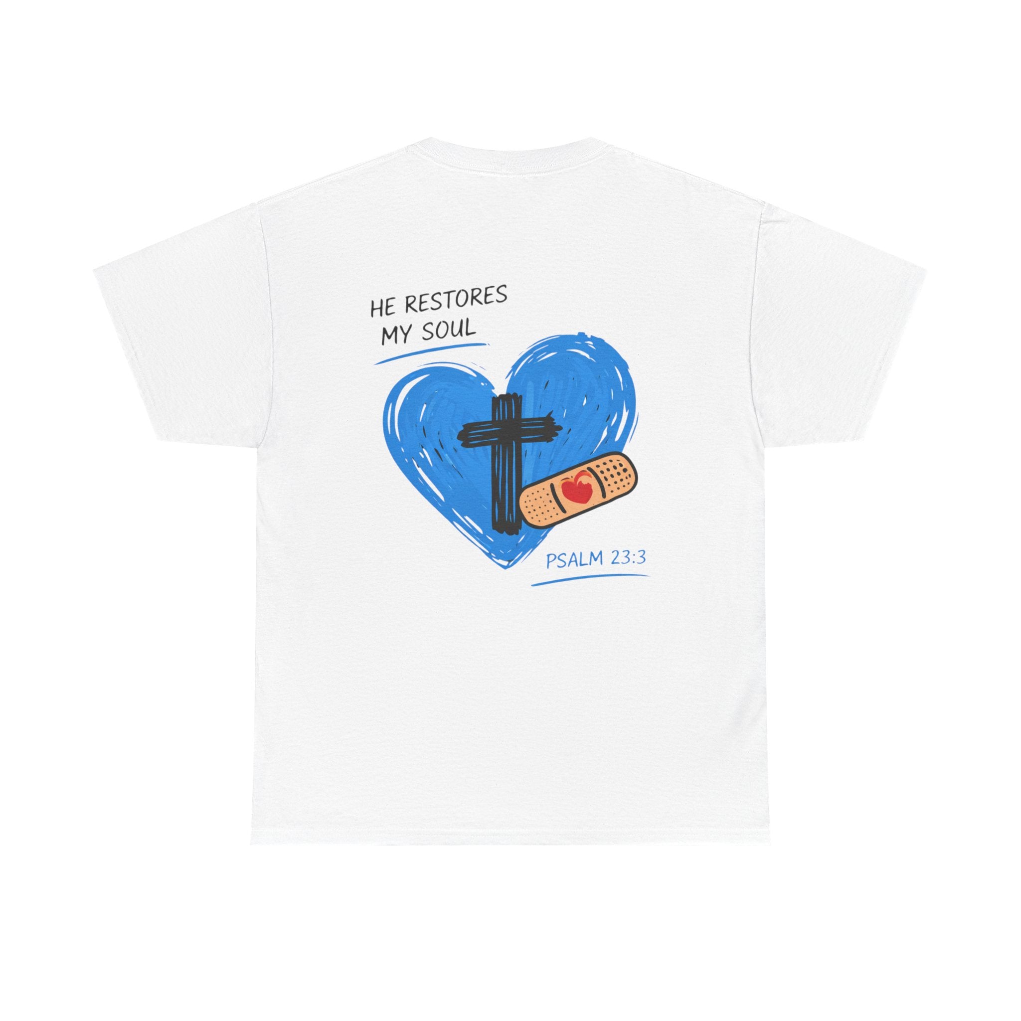 Christian T-Shirt – 'He Restores My Soul' Psalm 23:1 Heart & Cross Tee