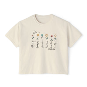 She Is Brave, Strong, Kind Mom Boxy Tee — Floral Mother’s Day Shirt