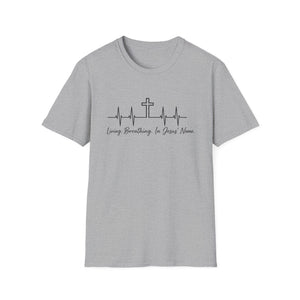 Christian Cross Heartbeat T-Shirt — "Living, Breathing in Jesus' Name" Faith Tee