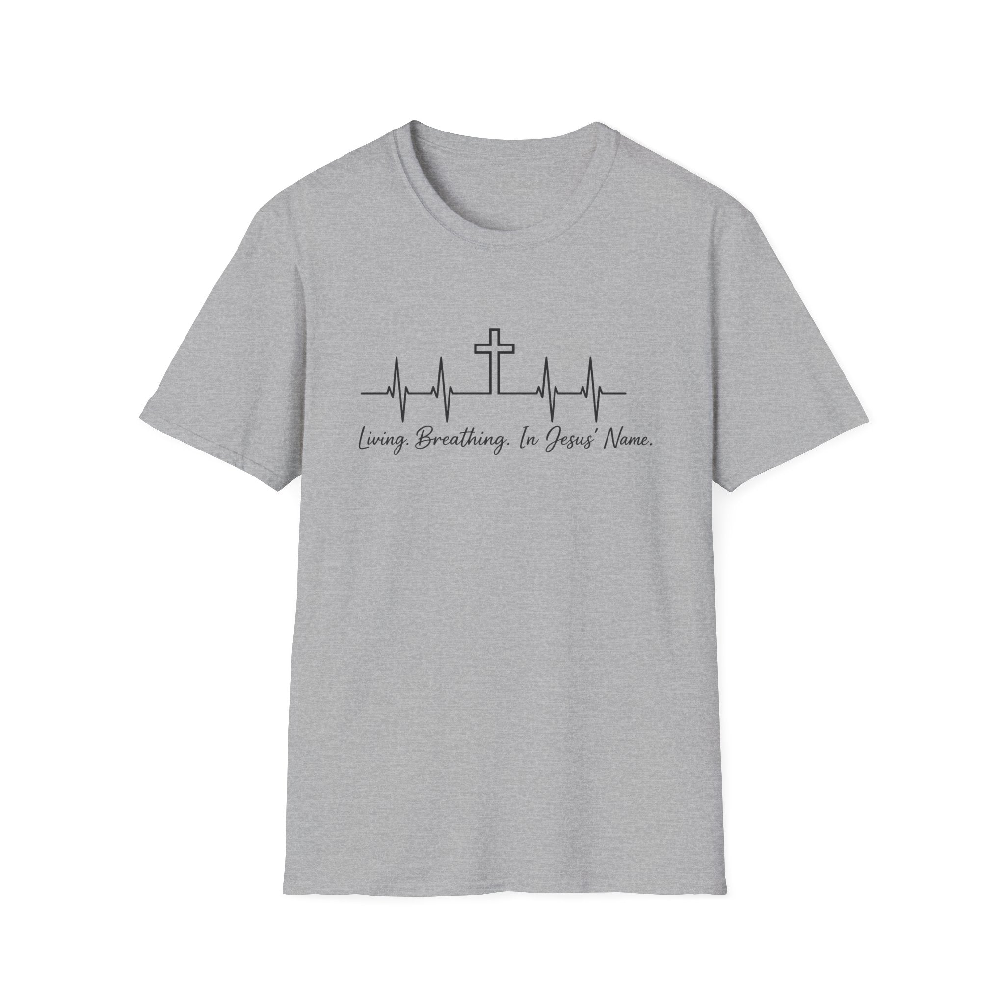 Christian Cross Heartbeat T-Shirt — "Living, Breathing in Jesus' Name" Faith Tee