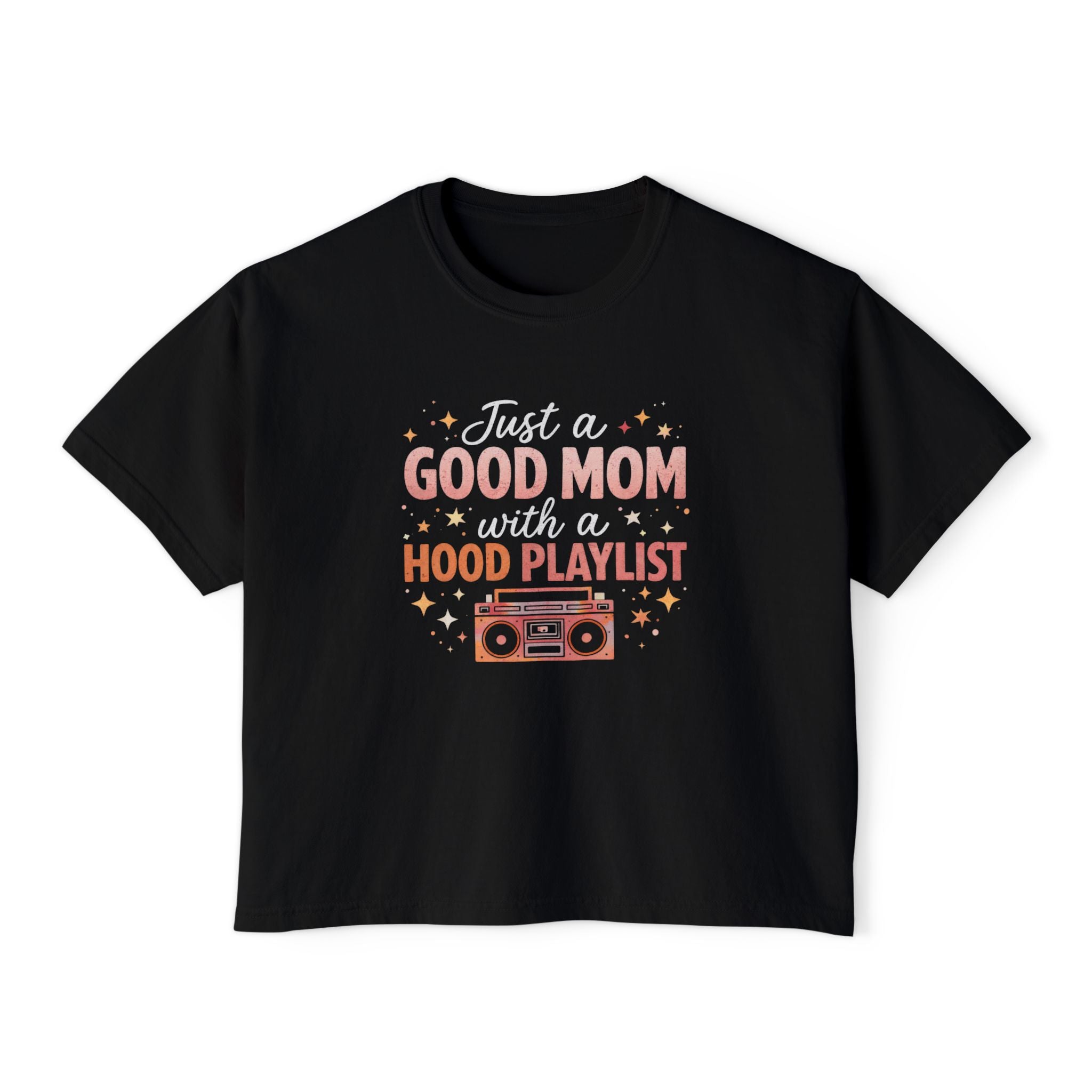 Good Mom Hood Playlist Women's Boxy Tee — Retro Boombox Mom Shirt