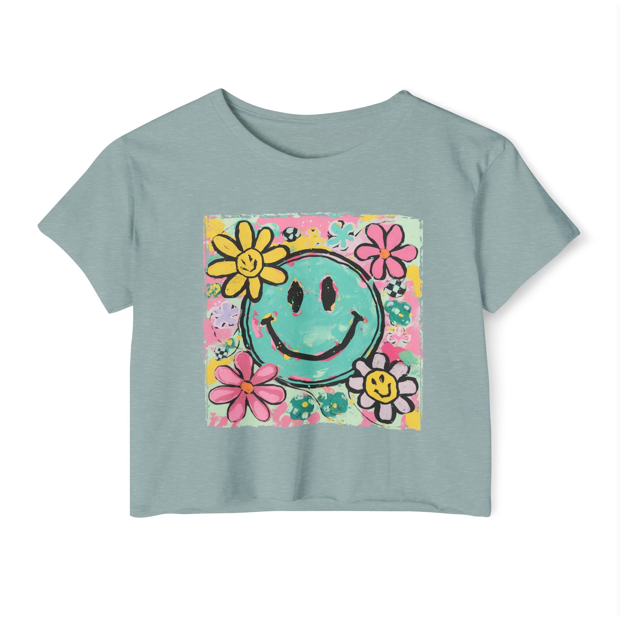 Smiley Flower Festival Crop Top — Retro Happy Face Floral Graphic