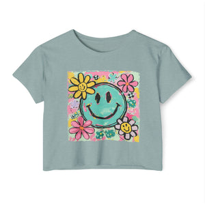 Smiley Flower Festival Crop Top — Retro Happy Face Floral Graphic