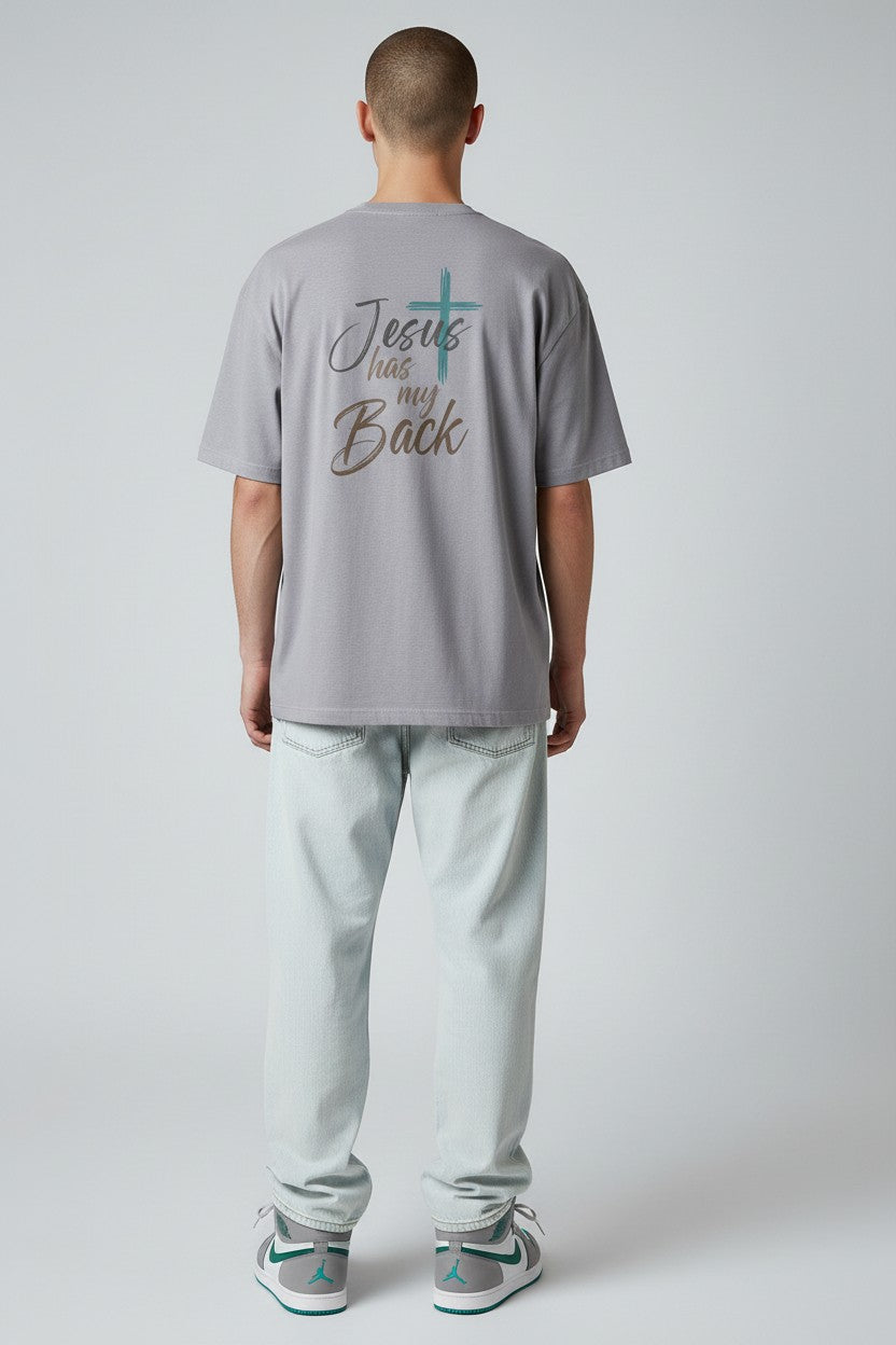 Christian T-Shirt - "Jesus Has My Back" Crew Tee with Cross & Heart Design