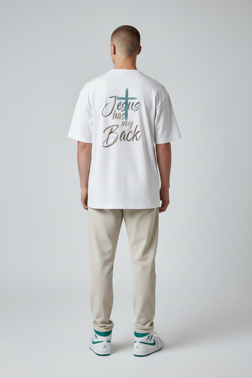 Christian T-Shirt - "Jesus Has My Back" Crew Tee with Cross & Heart Design