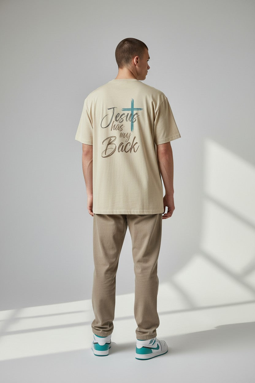 Christian T-Shirt - "Jesus Has My Back" Crew Tee with Cross & Heart Design