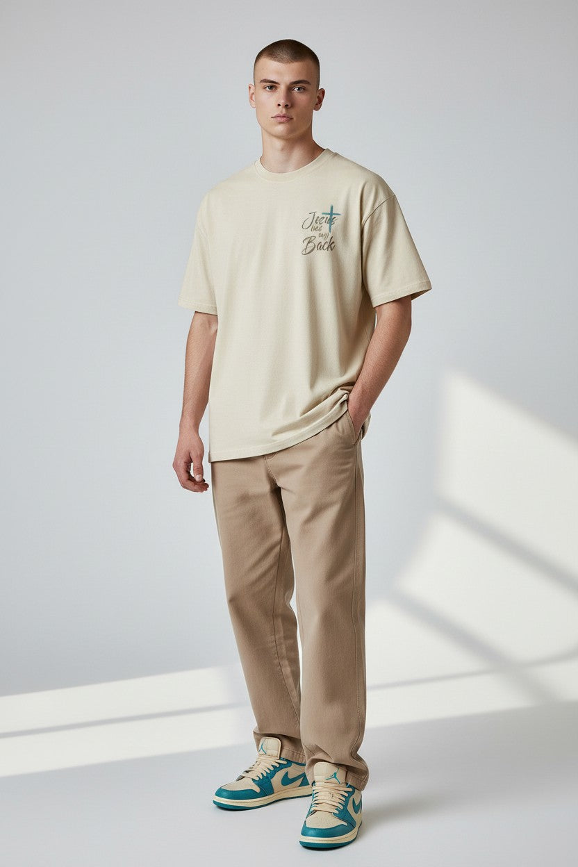 Christian T-Shirt - "Jesus Has My Back" Crew Tee with Cross & Heart Design