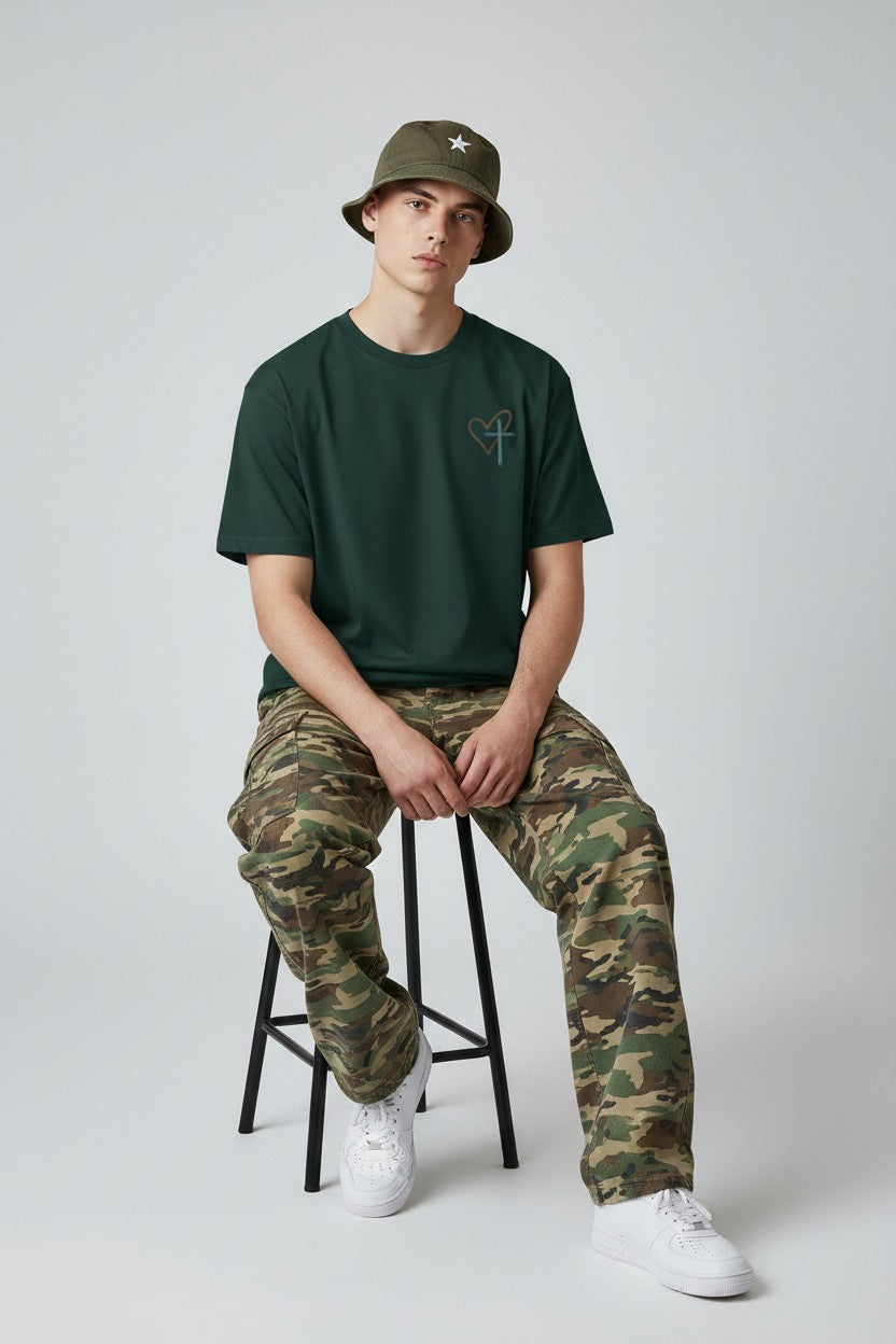 Christian T-Shirt - "Jesus Has My Back" Crew Tee with Cross & Heart Design