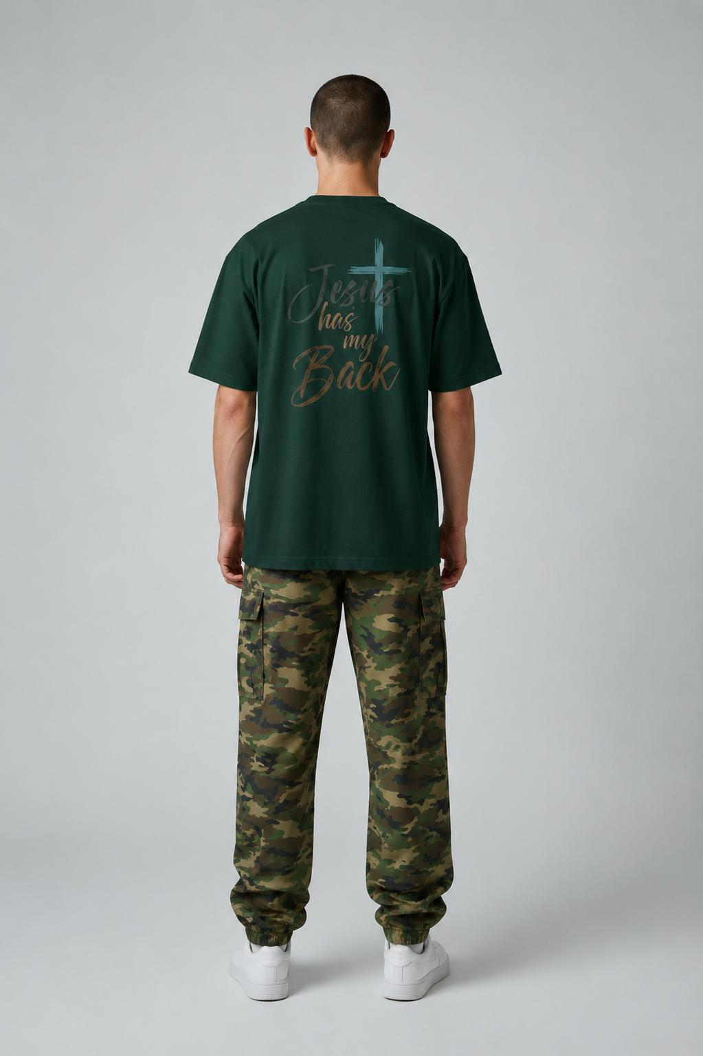 Christian T-Shirt - "Jesus Has My Back" Crew Tee with Cross & Heart Design
