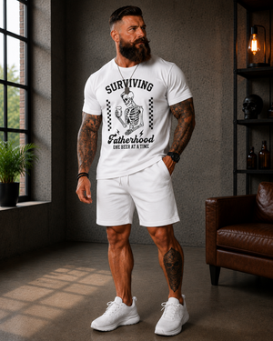 Surviving Fatherhood T-Shirt — "One Beer at a Time" Skeleton Dad Tee
