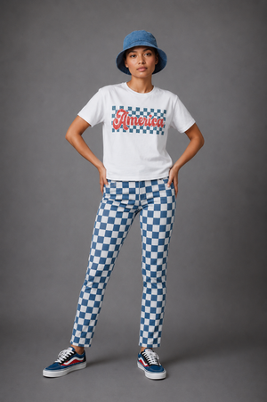 America Checkerboard T‑Shirt — Vintage Retro Patriotic Graphic Tee