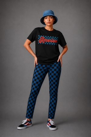 America Checkerboard T‑Shirt — Vintage Retro Patriotic Graphic Tee