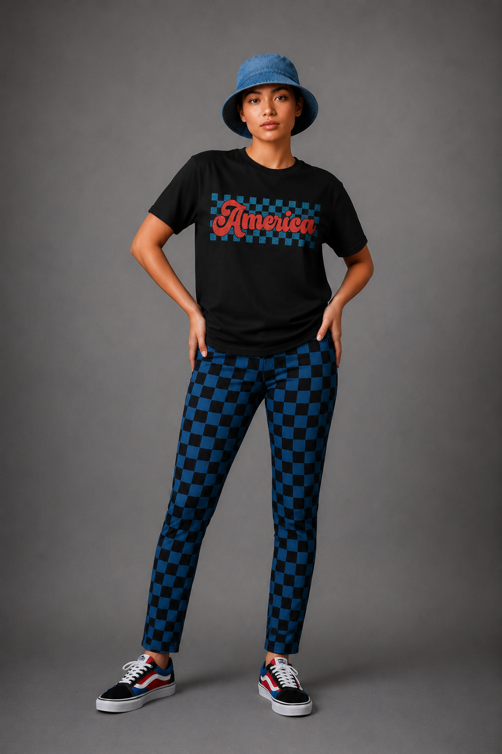 America Checkerboard T‑Shirt — Vintage Retro Patriotic Graphic Tee