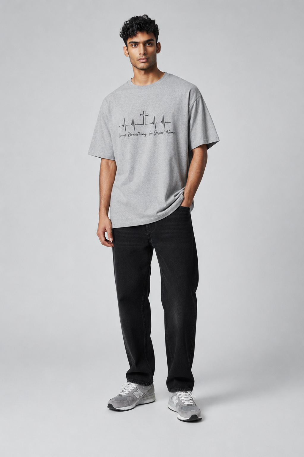 Christian Cross Heartbeat T-Shirt — "Living, Breathing in Jesus' Name" Faith Tee