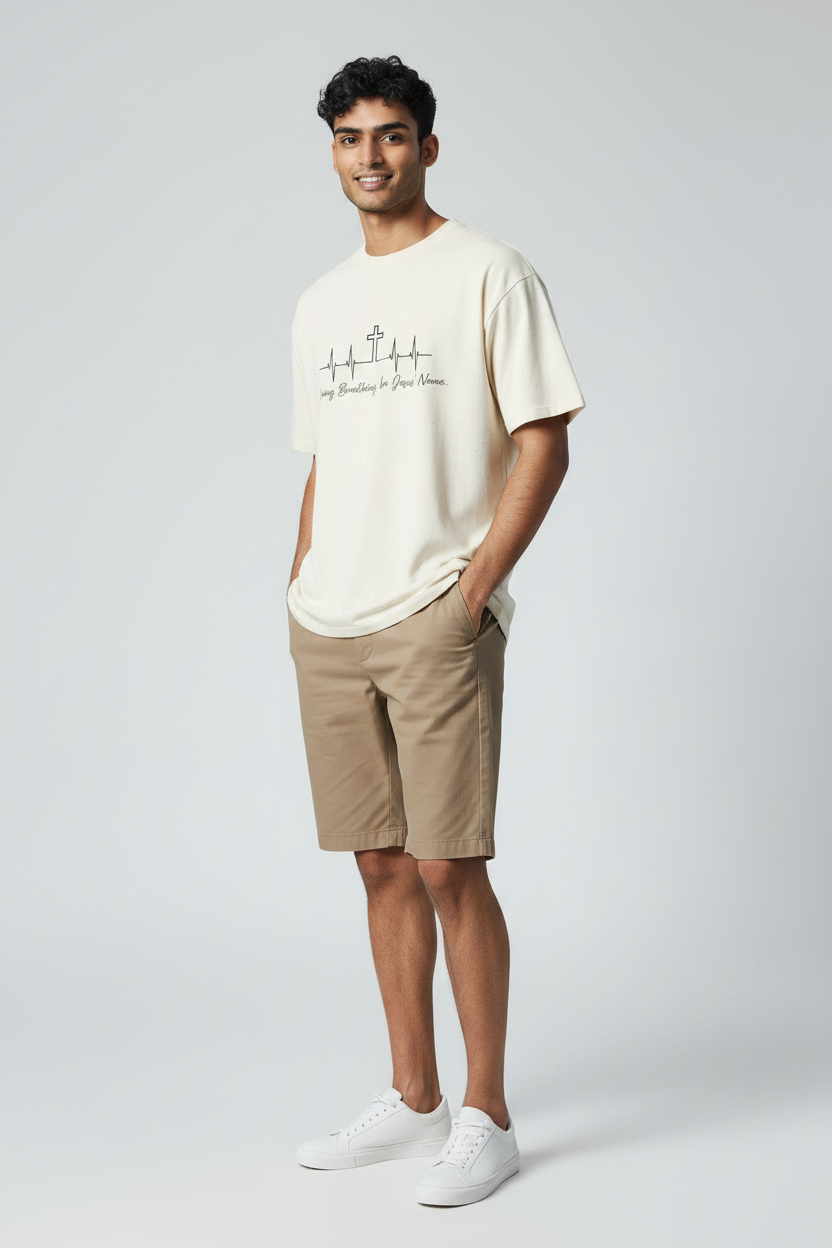 Christian Cross Heartbeat T-Shirt — "Living, Breathing in Jesus' Name" Faith Tee