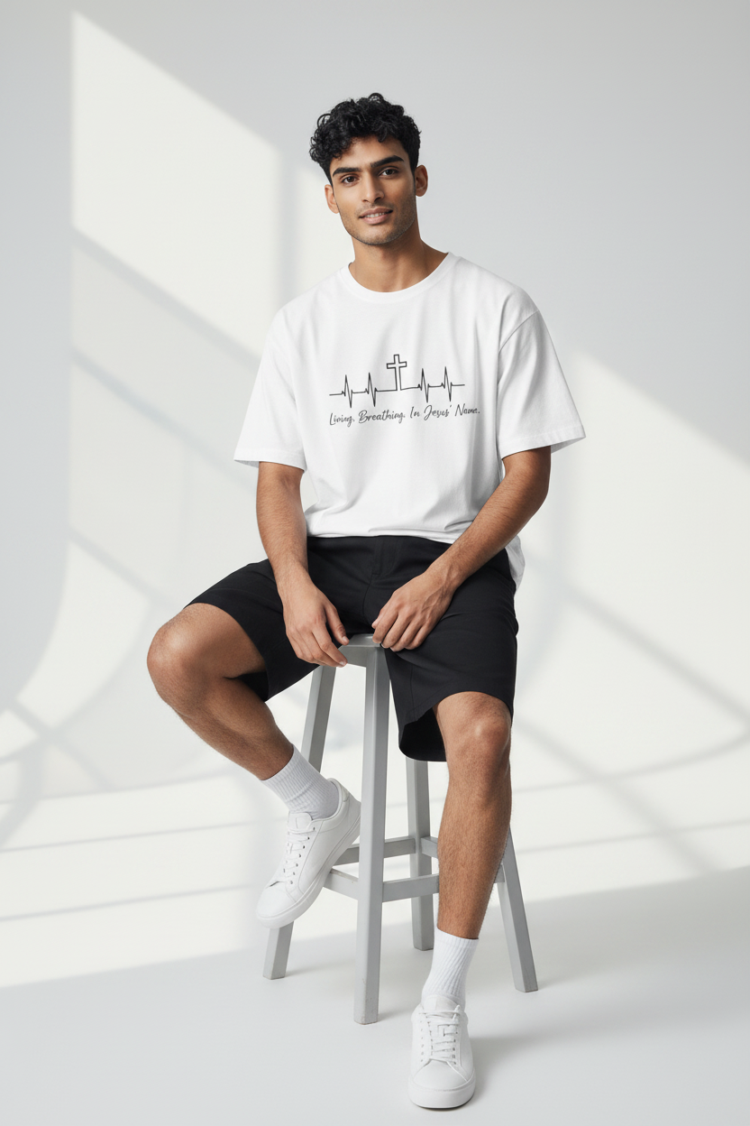 Christian Cross Heartbeat T-Shirt — "Living, Breathing in Jesus' Name" Faith Tee